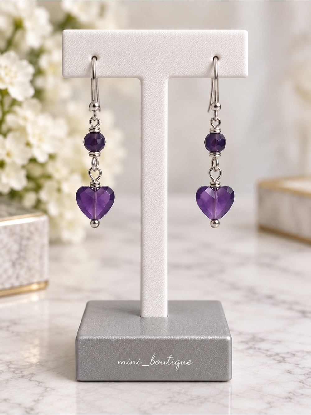 Amethyst Faceted Heart Beaded Dangle Earrings Silver Tone